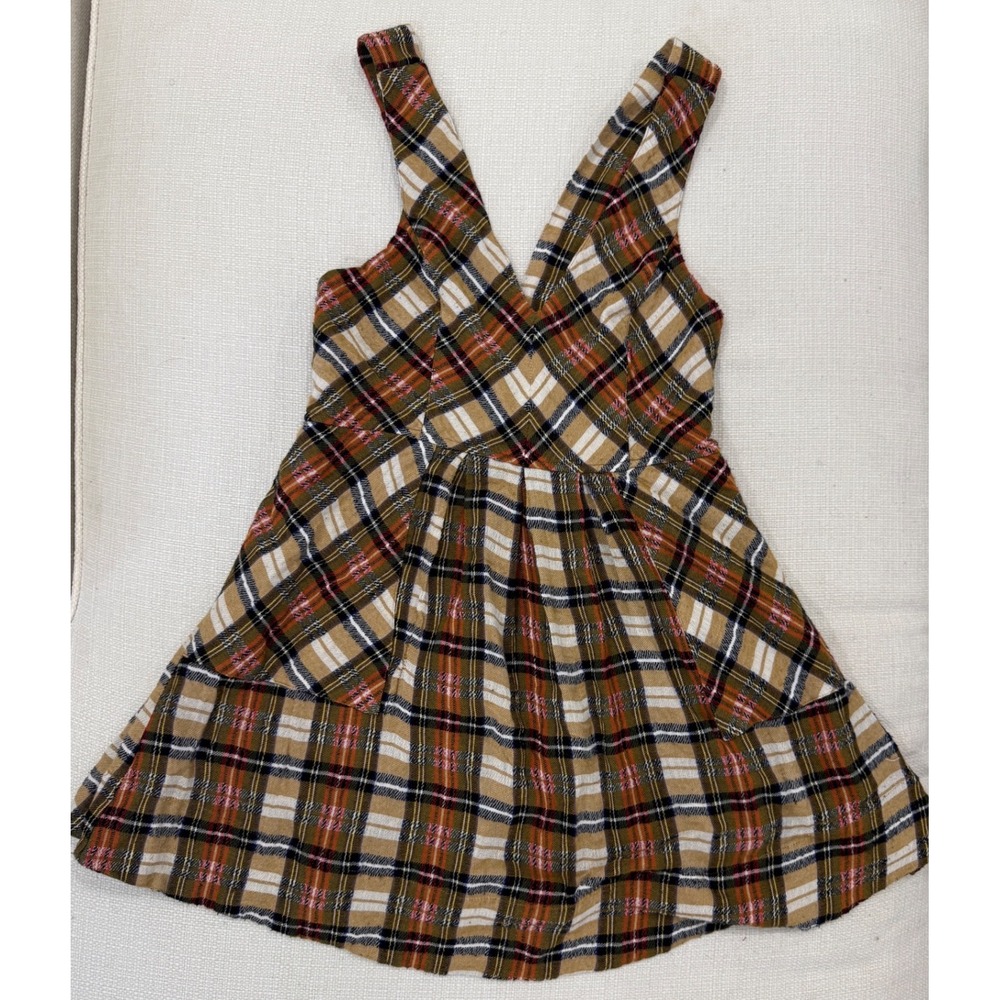 Free People Plaid Mini Dress Womens XS Boho V-Neck Strappy Back Pockets EC